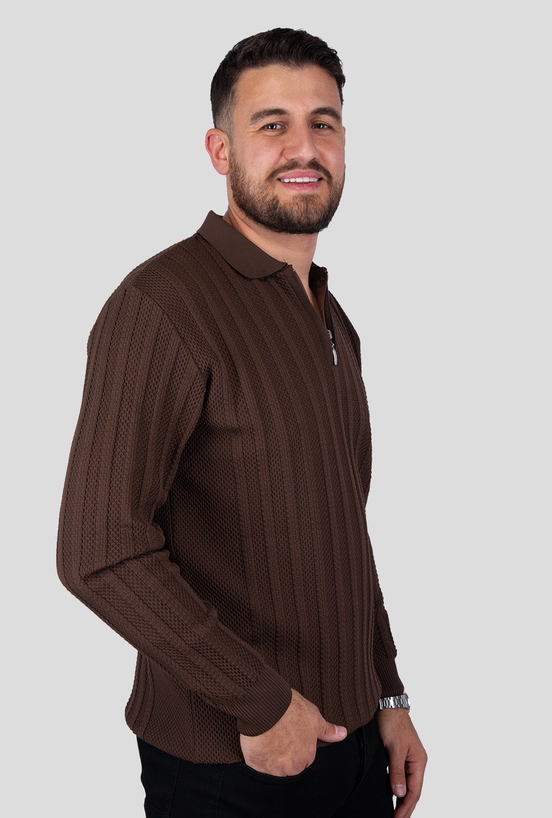 Felsenkind Herren Strick-Poloshirt mit Reißverschluss – Dünnes Feinstrick-Oberteil Sweatshirt