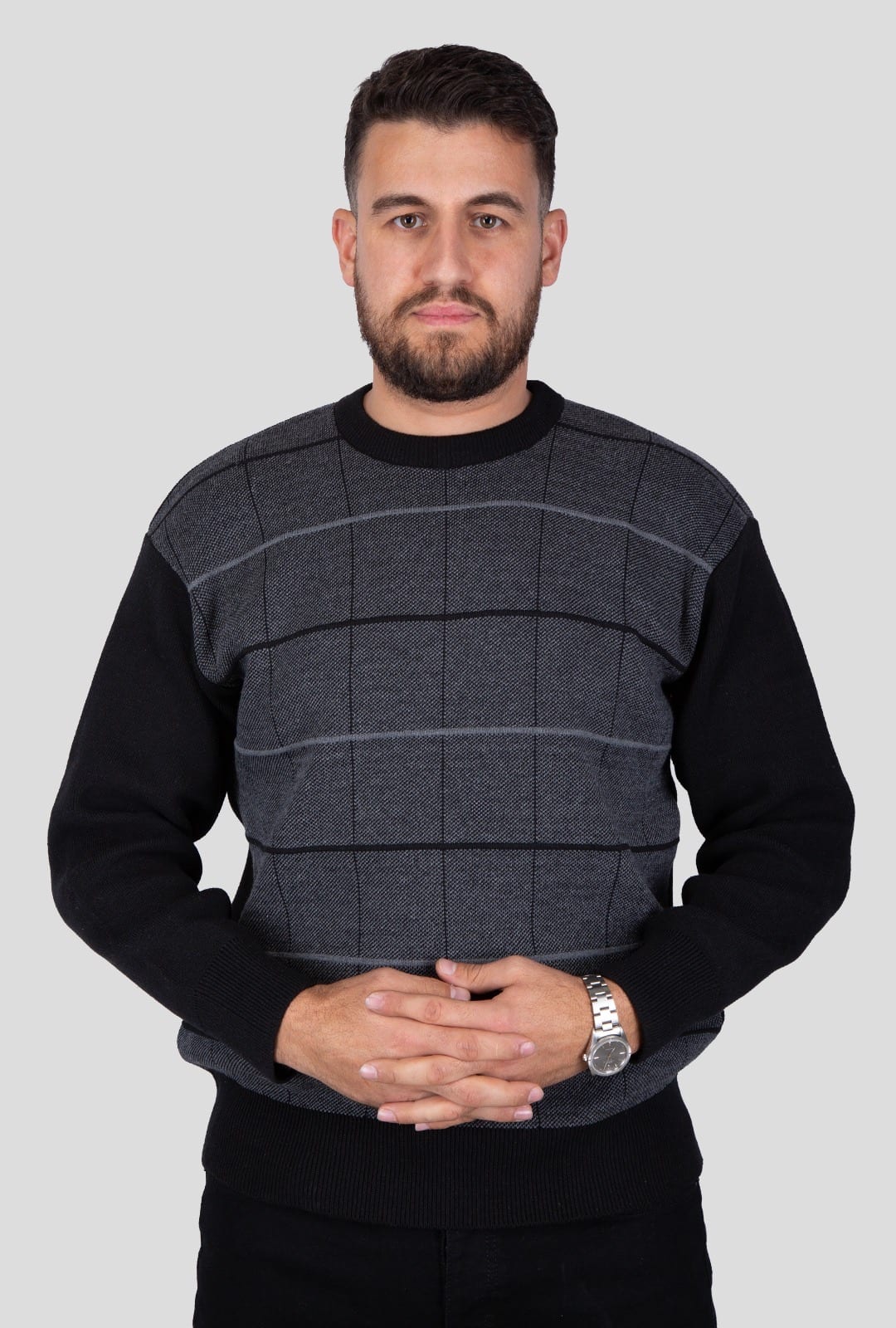Felsenkind Nachhaltiger Herren Strickpulli – Recyceltes Polyester, Weiches Material, Grau-Schwarzer Karopullover, Ideal für Alltag, Büro & Freizeit