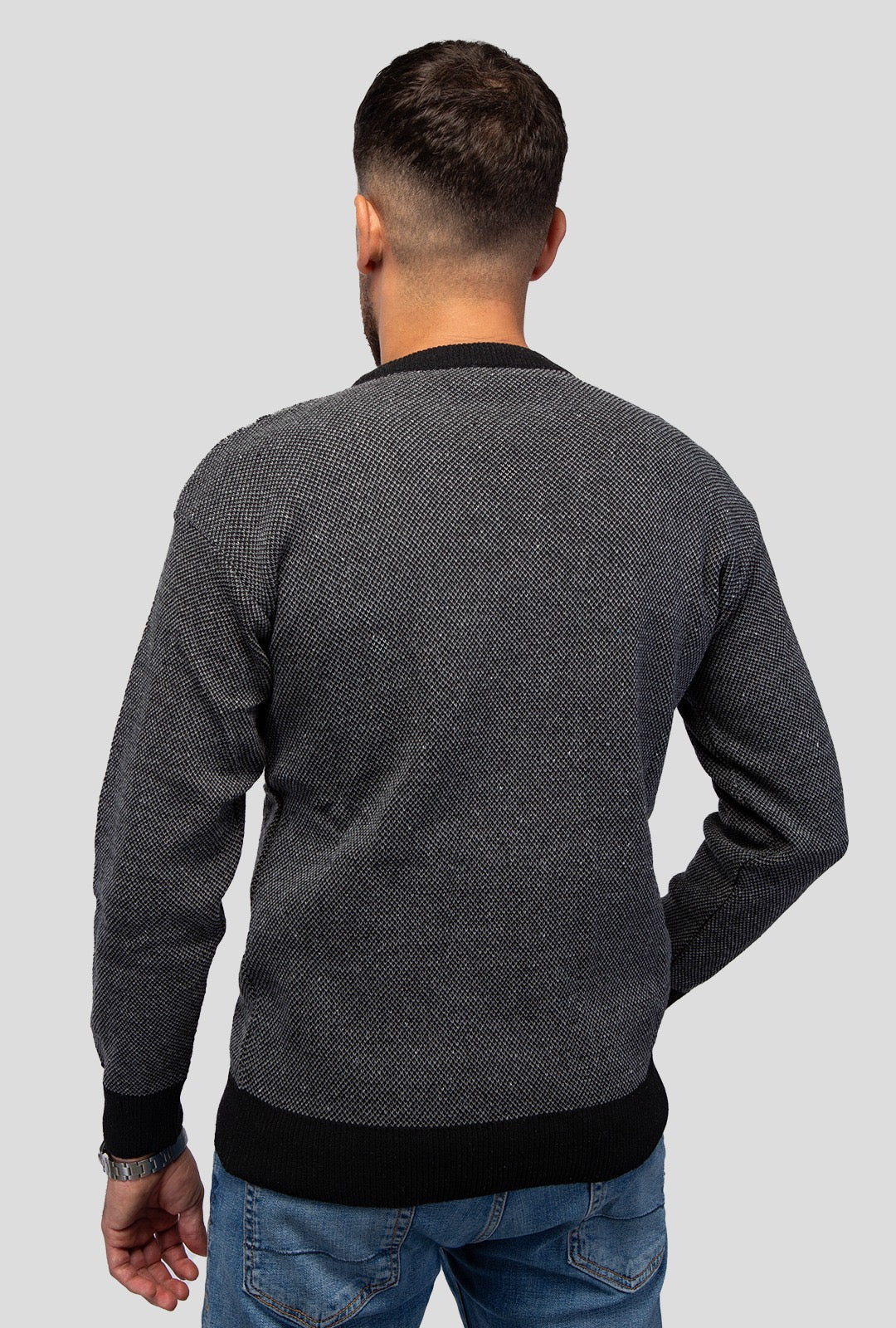 Felsenkind Herren Strickpullover – Warmer Winterpullover mit Rautenmuster, Rundhals, Grau/Schwarz