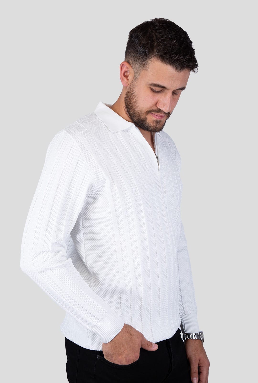 Felsenkind Herren Strick-Poloshirt mit Reißverschluss – Dünnes Feinstrick-Oberteil Sweatshirt