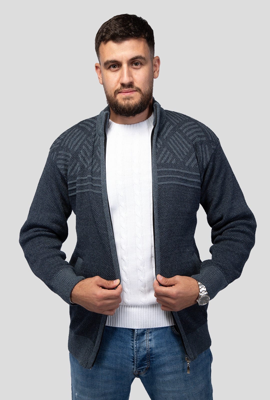 Felsenkind Herren Winter-Strickjacke –  Jacke aus recyceltem Polyester, Hochwertiger Zipper, Modernes Strickmuster, Ideal für Freizeit, Büro & Outdoor