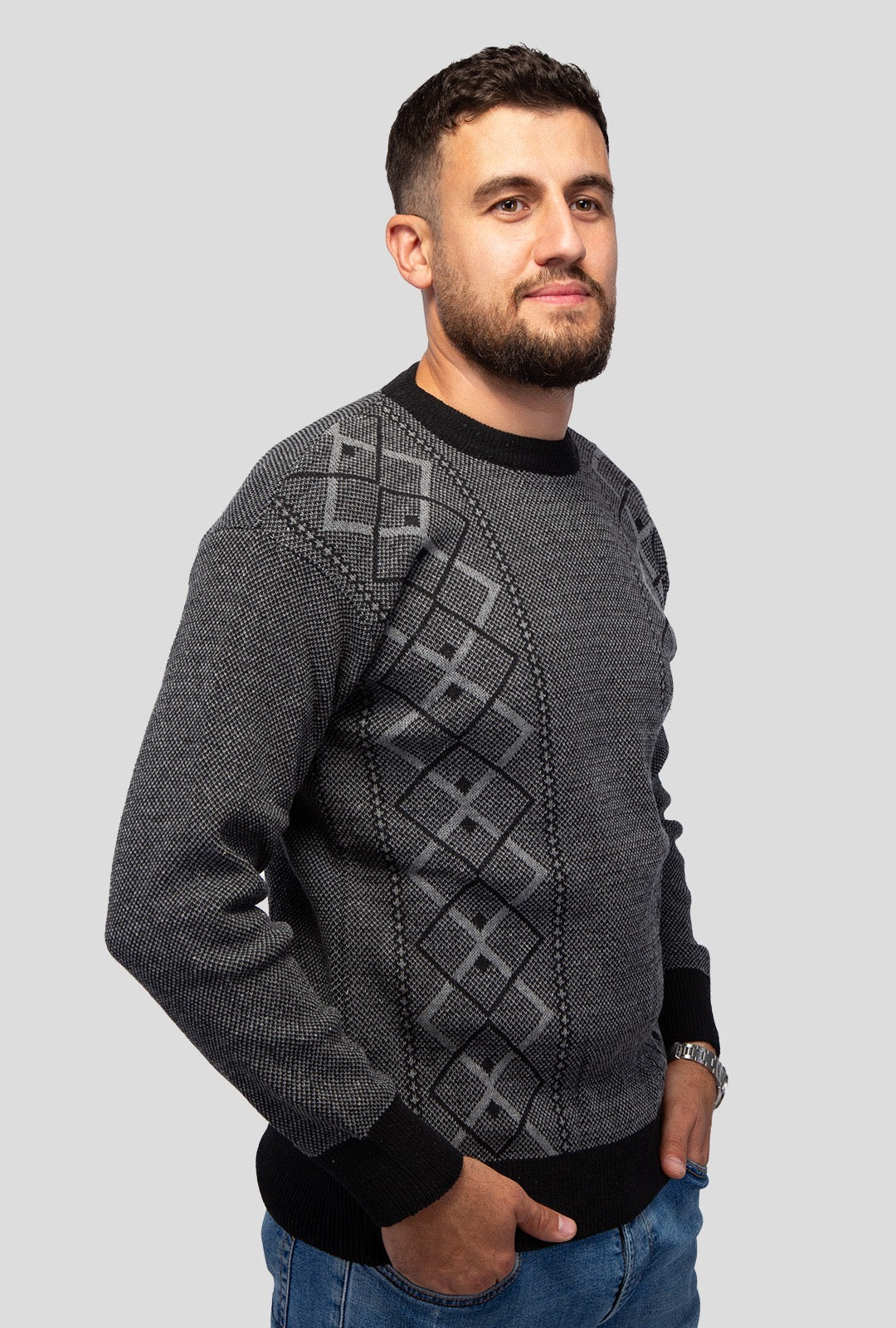 Felsenkind Herren Strickpullover – Warmer Winterpullover mit Rautenmuster, Rundhals, Grau/Schwarz