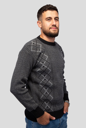 Felsenkind Herren Strickpullover – Warmer Winterpullover mit Rautenmuster, Rundhals, Grau/Schwarz