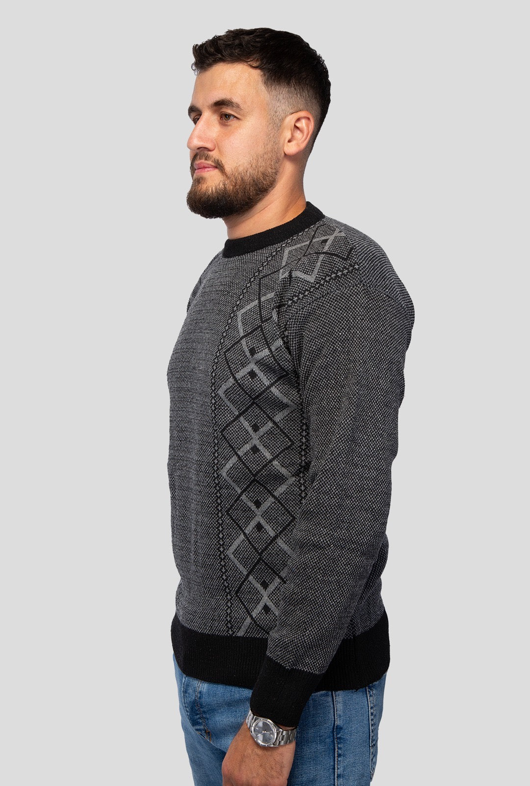 Felsenkind Herren Strickpullover – Warmer Winterpullover mit Rautenmuster, Rundhals, Grau/Schwarz