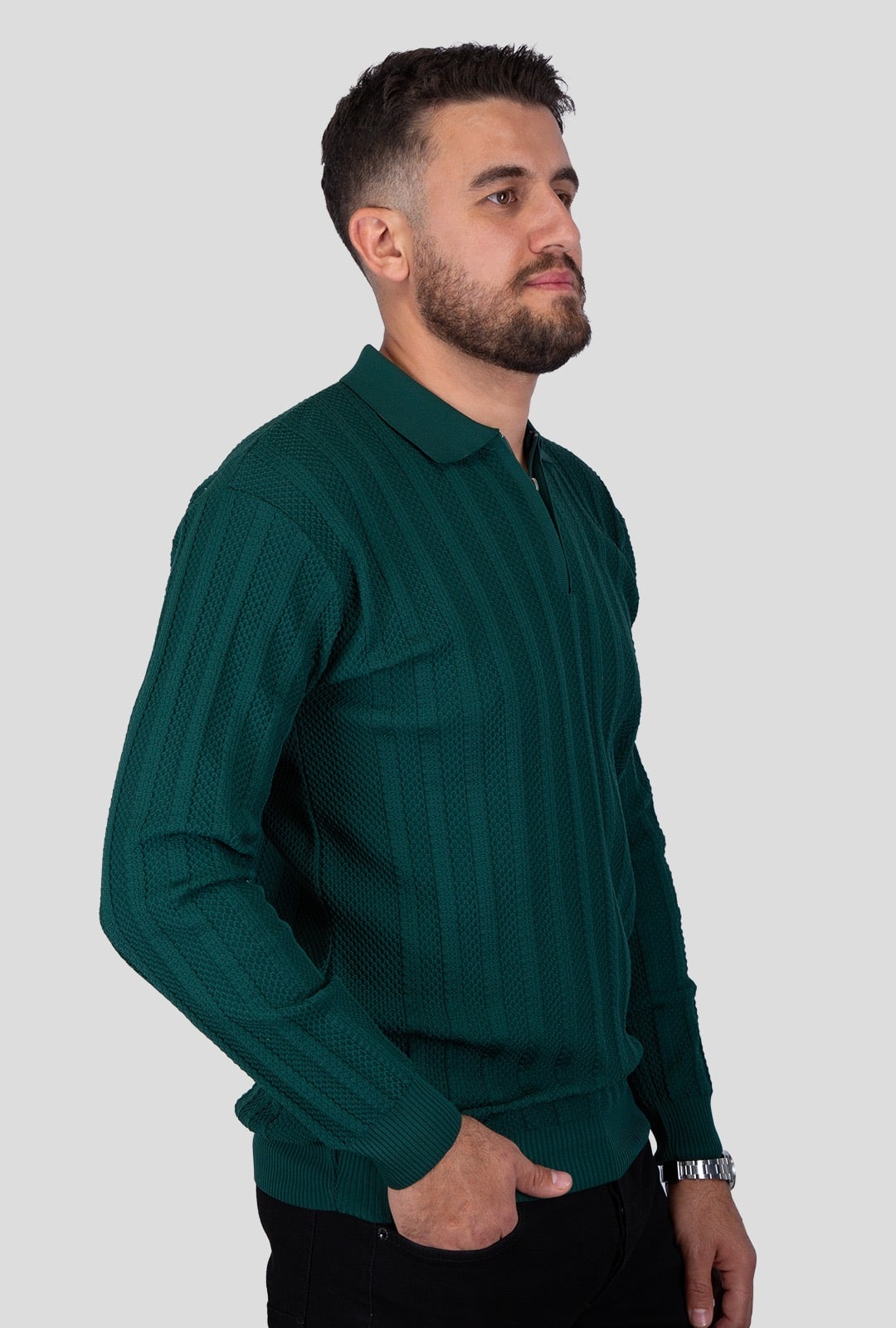 Felsenkind Herren Strick-Poloshirt mit Reißverschluss – Dünnes Feinstrick-Oberteil Sweatshirt