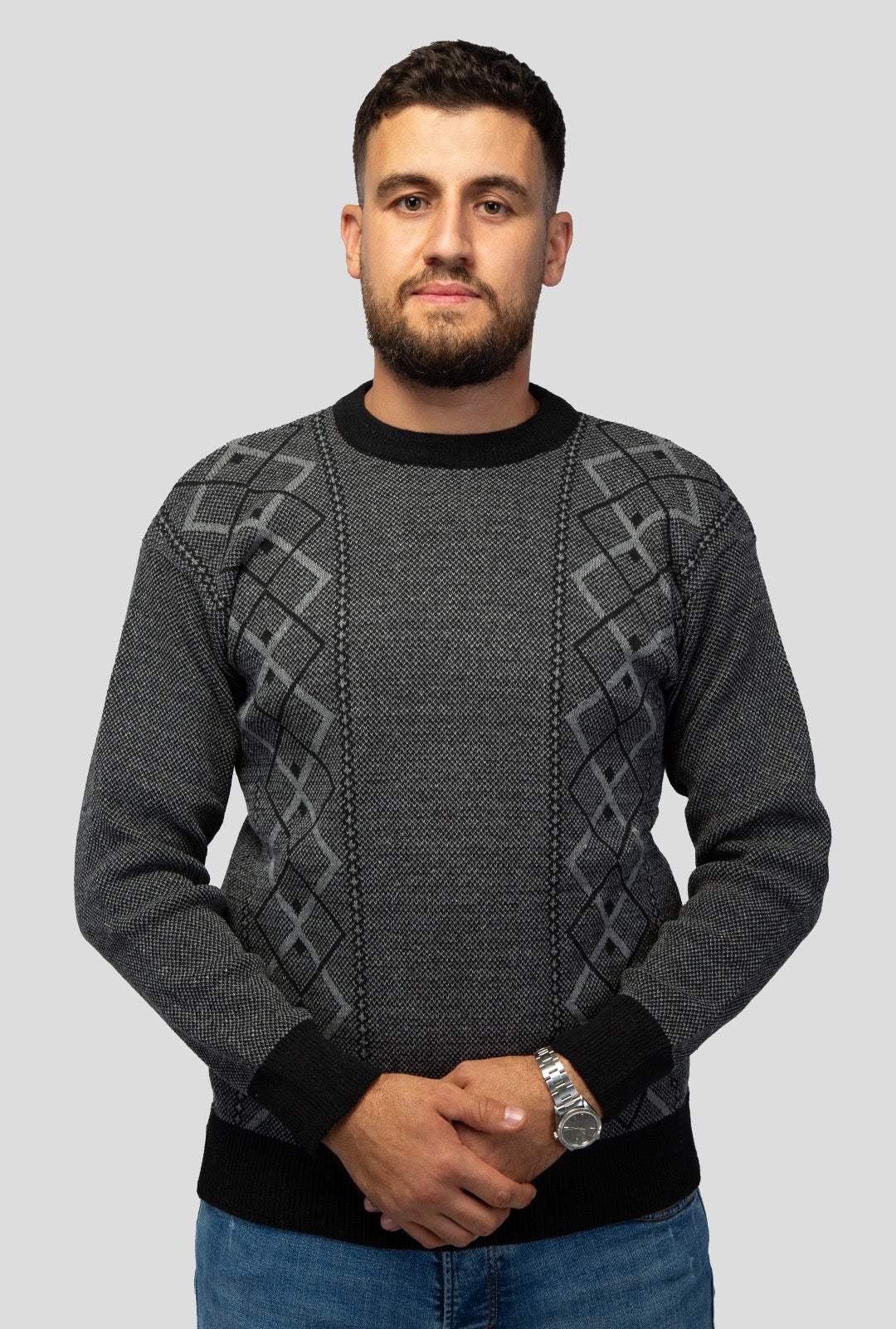 Felsenkind Herren Strickpullover – Warmer Winterpullover mit Rautenmuster, Rundhals, Grau/Schwarz
