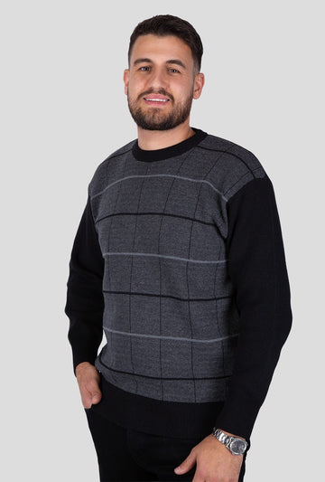 Felsenkind Nachhaltiger Herren Strickpulli – Recyceltes Polyester, Weiches Material, Grau-Schwarzer Karopullover, Ideal für Alltag, Büro & Freizeit