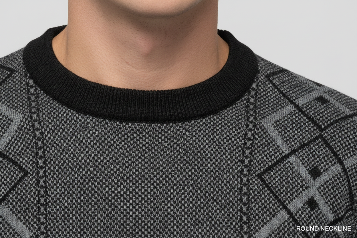 Felsenkind Herren Strickpullover – Warmer Winterpullover mit Rautenmuster, Rundhals, Grau/Schwarz