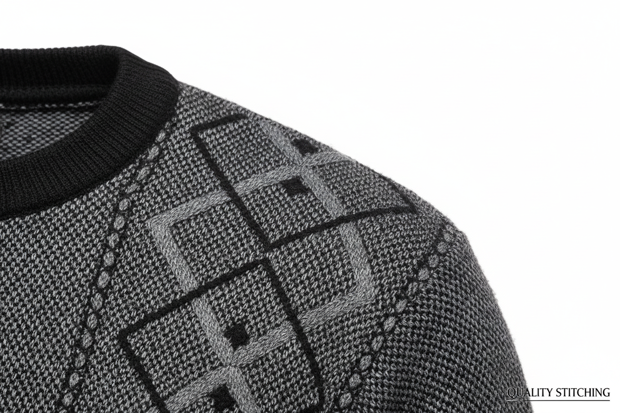 Felsenkind Herren Strickpullover – Warmer Winterpullover mit Rautenmuster, Rundhals, Grau/Schwarz