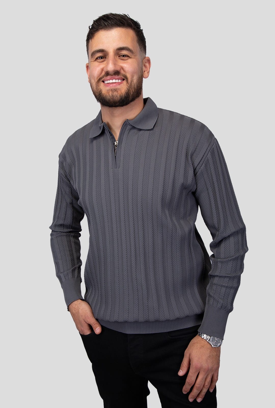 Felsenkind Herren Strick-Poloshirt mit Reißverschluss – Dünnes Feinstrick-Oberteil Sweatshirt