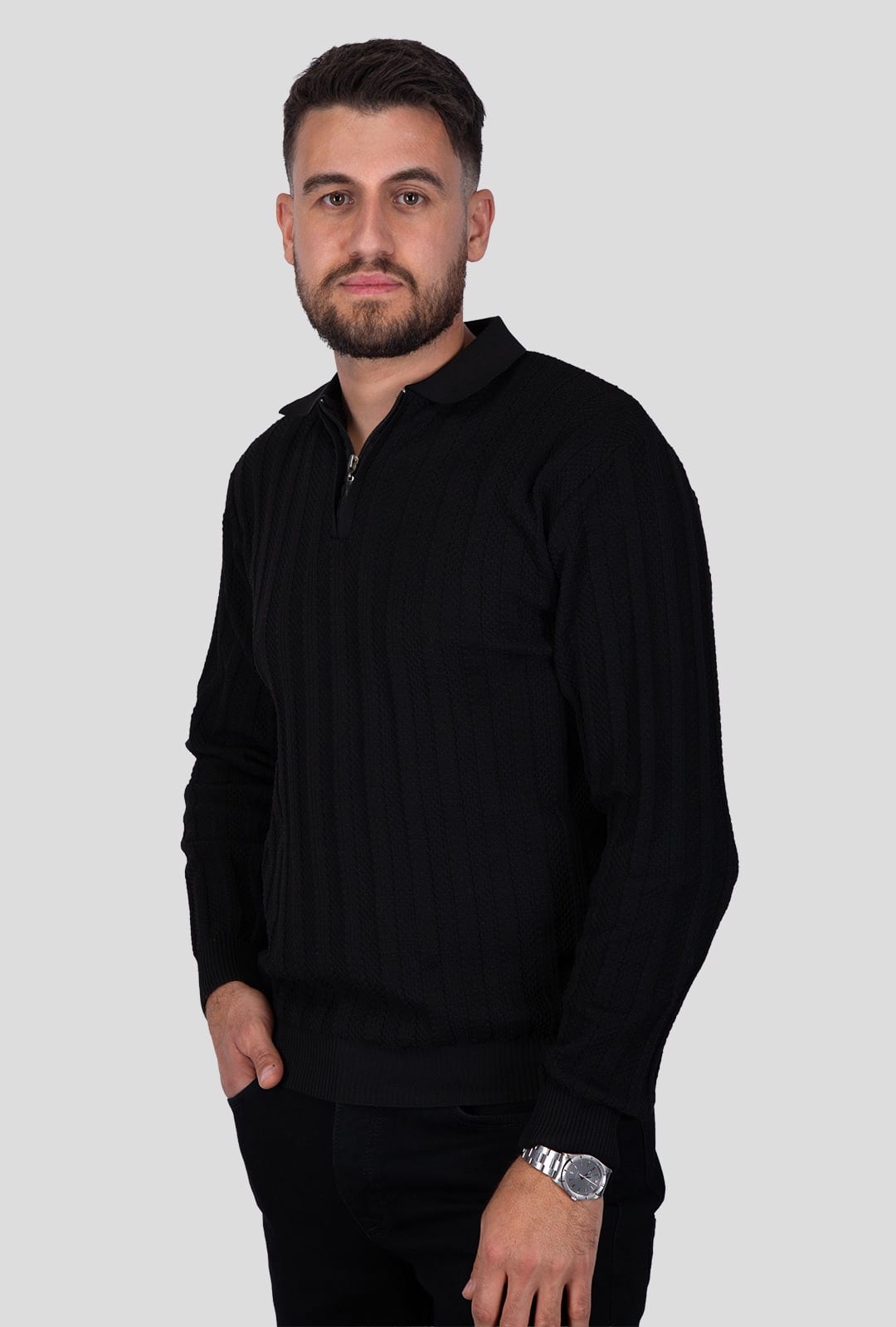 Felsenkind Herren Strick-Poloshirt mit Reißverschluss – Dünnes Feinstrick-Oberteil Sweatshirt