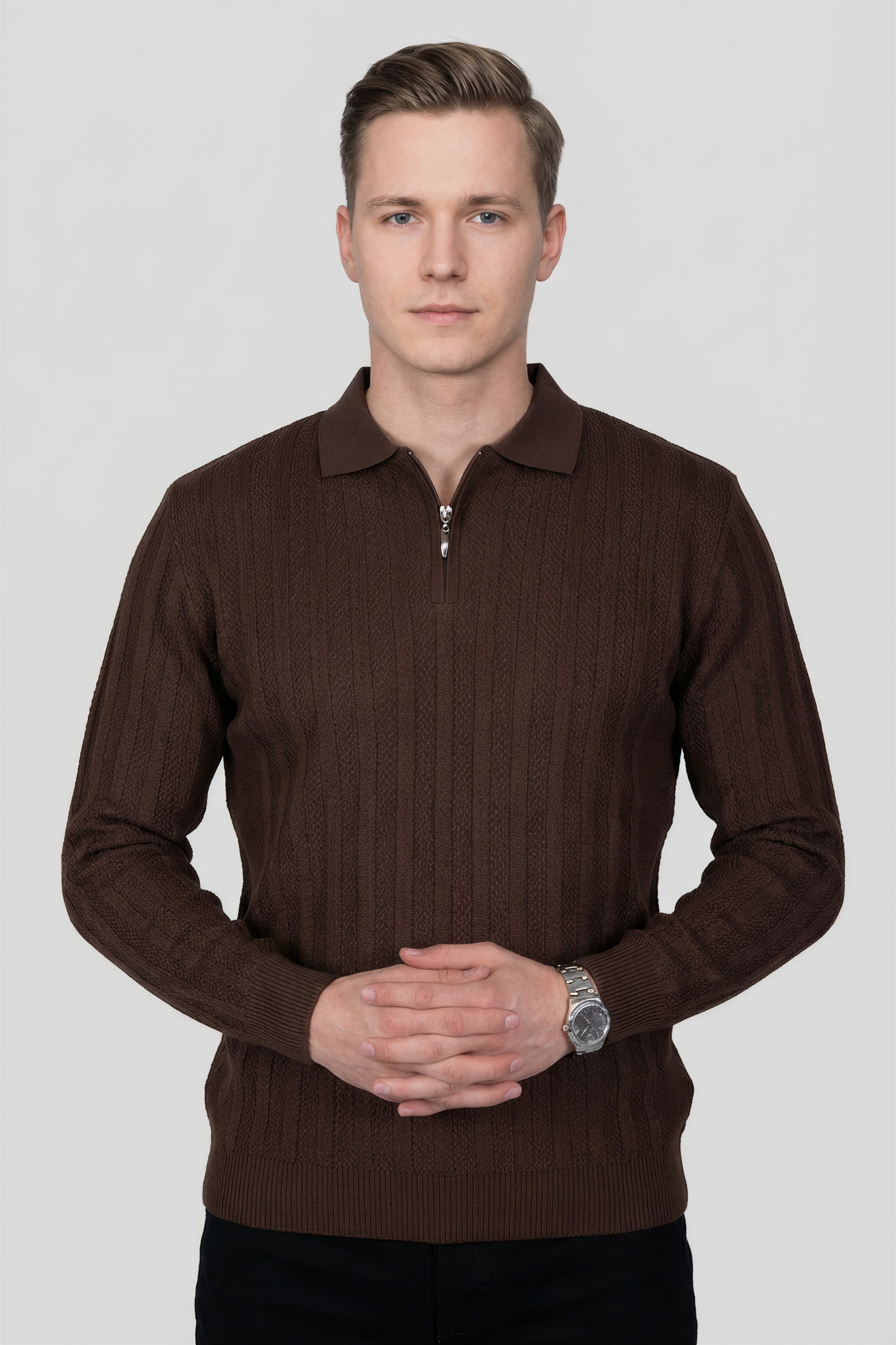 Felsenkind Herren Strick-Poloshirt mit Reißverschluss – Dünnes Feinstrick-Oberteil Sweatshirt