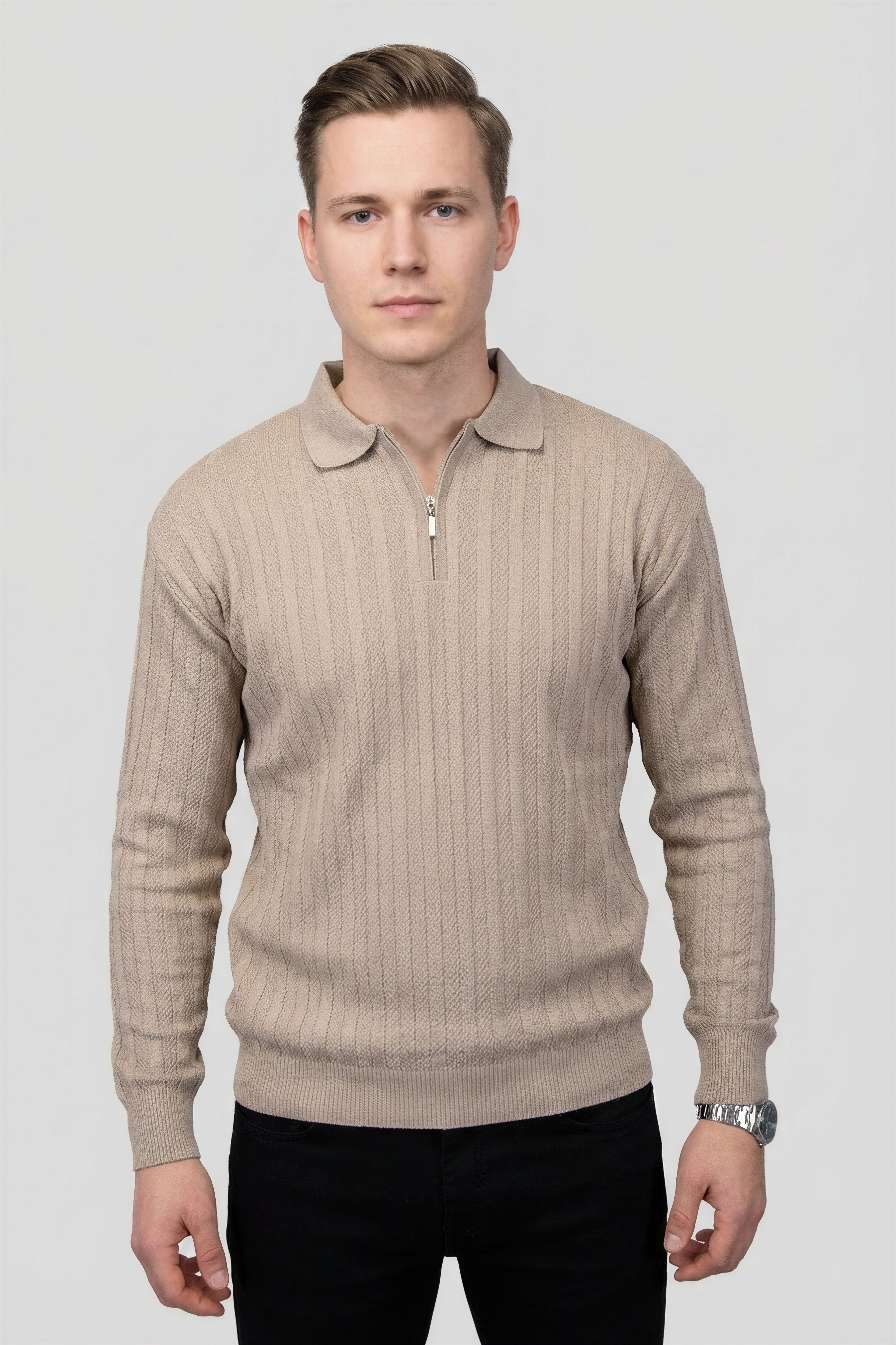 Felsenkind Herren Strick-Poloshirt mit Reißverschluss – Dünnes Feinstrick-Oberteil Sweatshirt