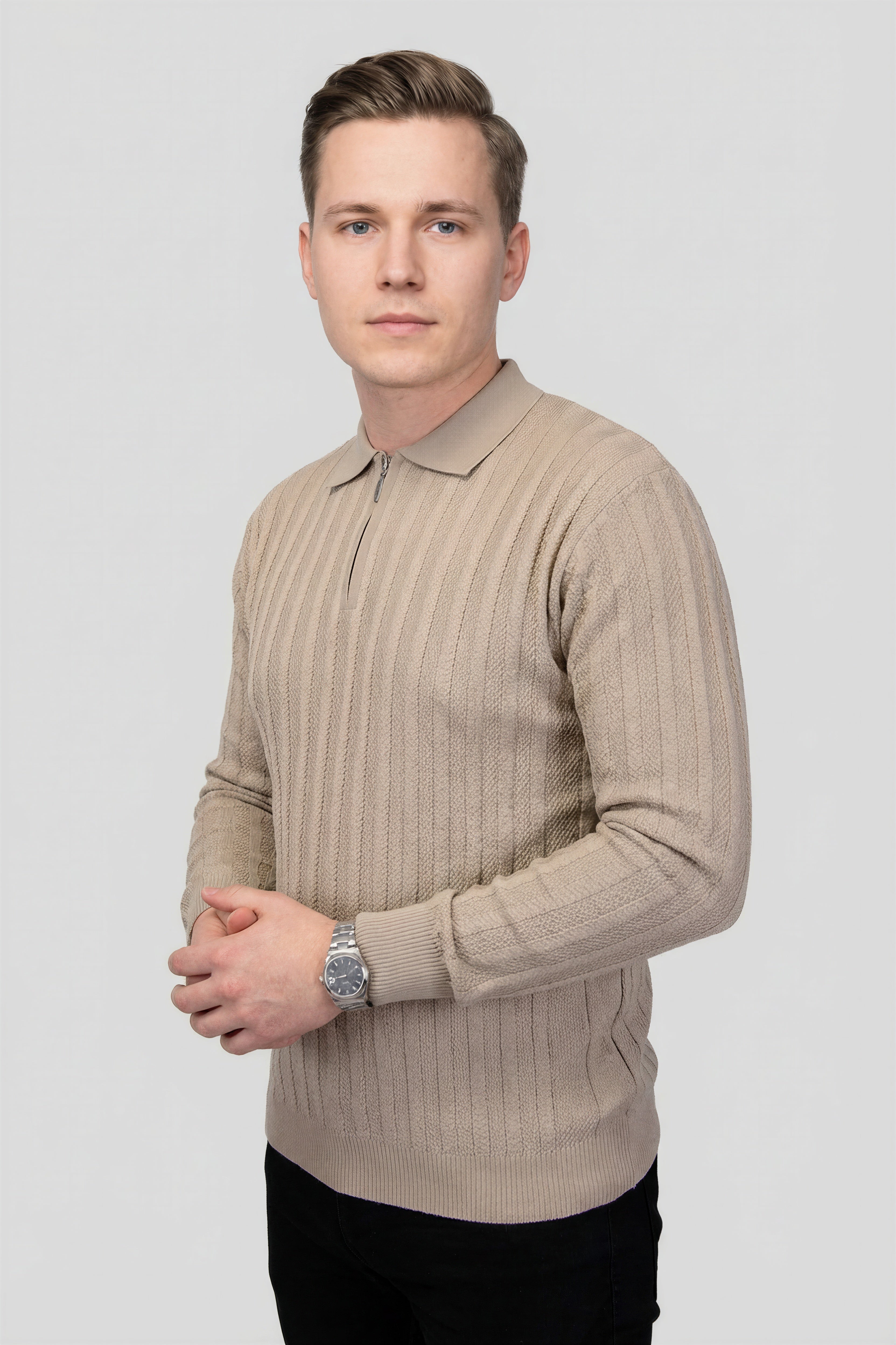 Felsenkind Herren Strick-Poloshirt mit Reißverschluss – Dünnes Feinstrick-Oberteil Sweatshirt