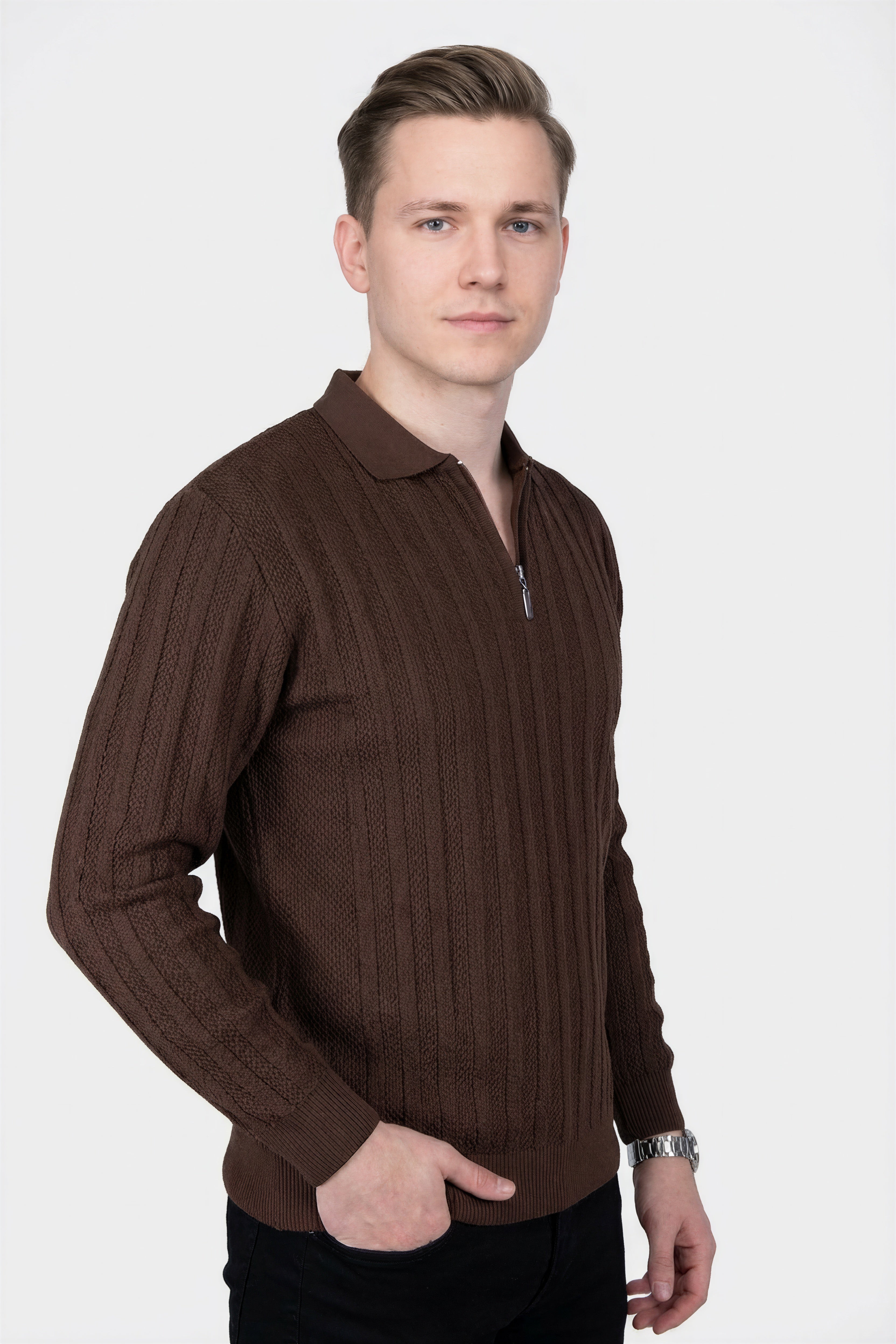 Felsenkind Herren Strick-Poloshirt mit Reißverschluss – Dünnes Feinstrick-Oberteil Sweatshirt