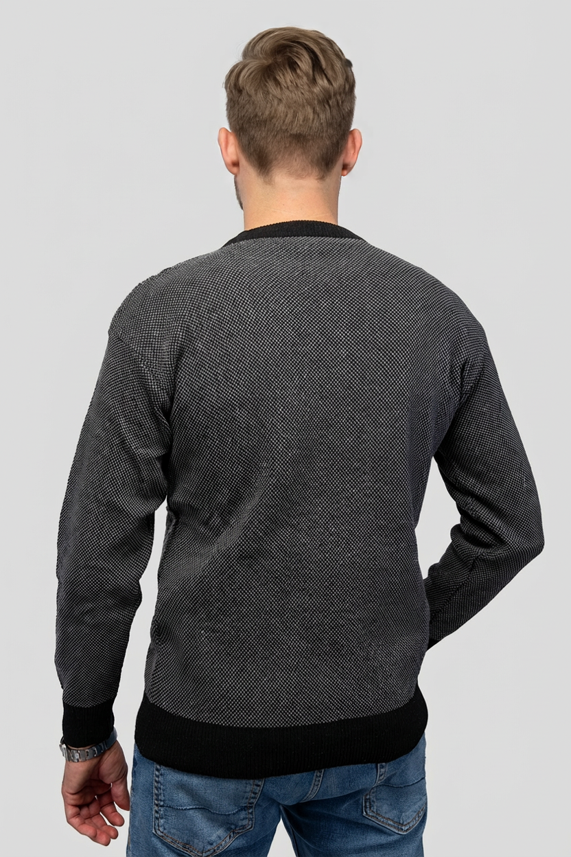 Felsenkind Herren Strickpullover – Warmer Winterpullover mit Rautenmuster, Rundhals, Grau/Schwarz