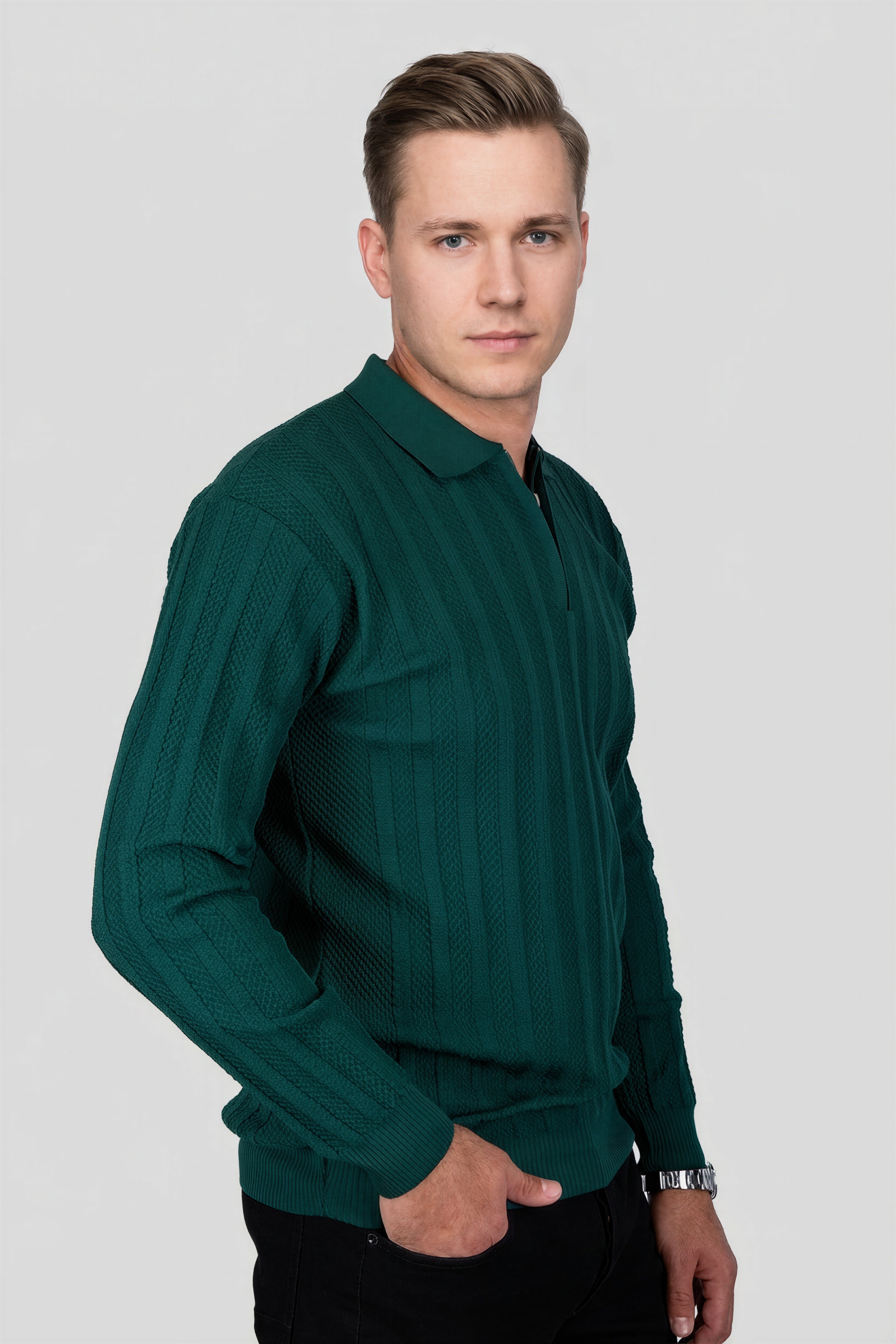 Felsenkind Herren Strick-Poloshirt mit Reißverschluss – Dünnes Feinstrick-Oberteil Sweatshirt
