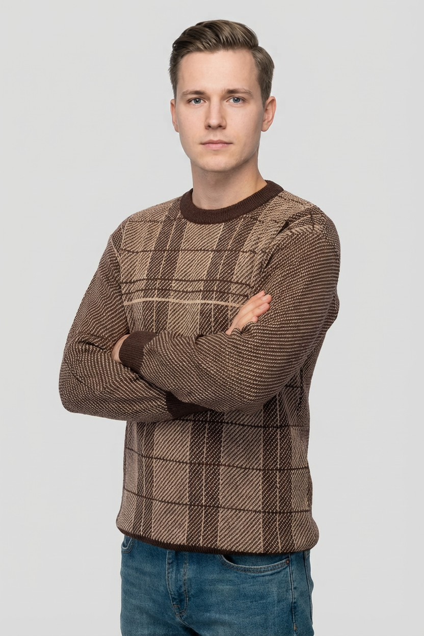 Felsenkind Herren Strickpullover – Warmer Winterpullover mit Karomuster, Rundhals, Braun/Beige