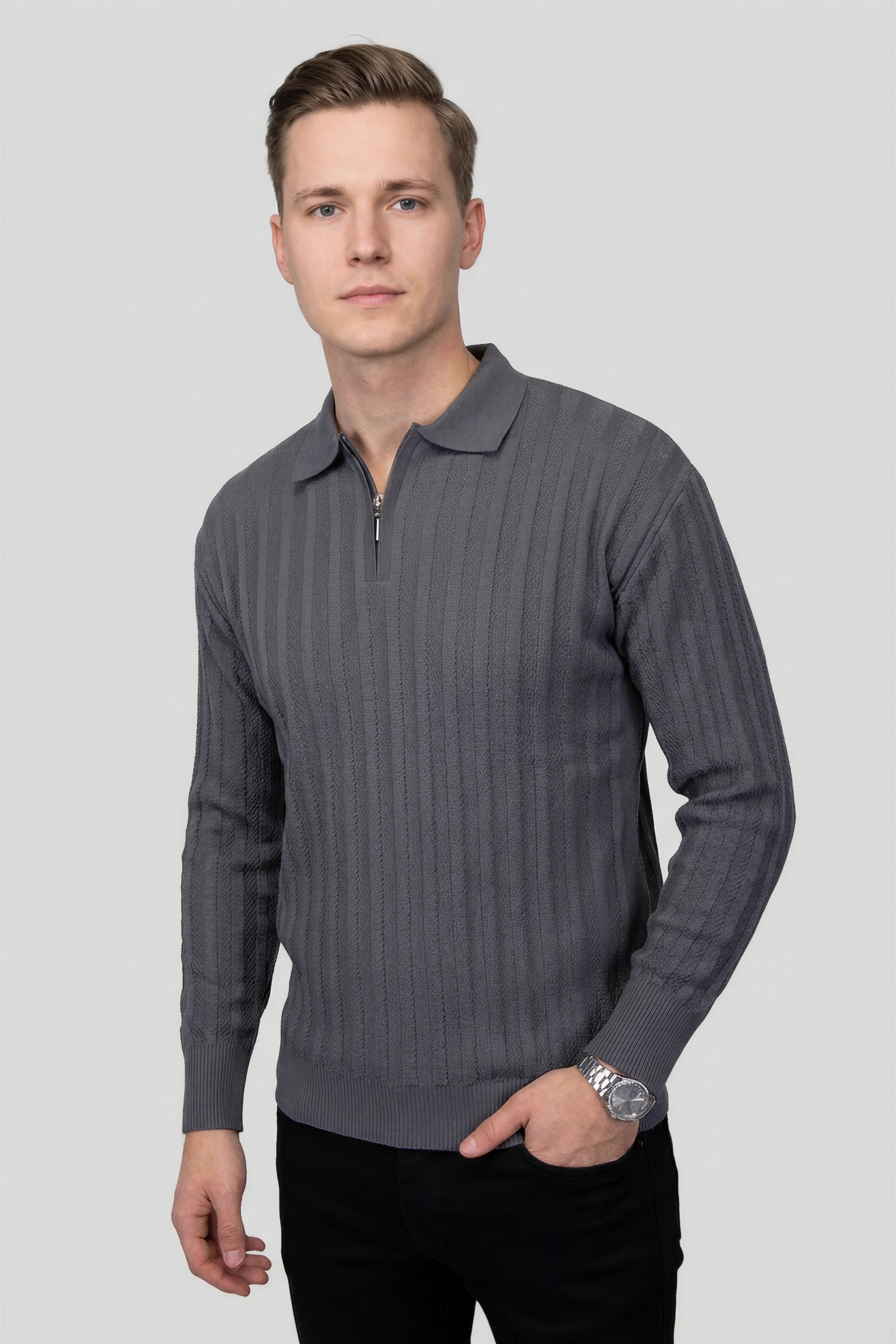 Felsenkind Herren Strick-Poloshirt mit Reißverschluss – Dünnes Feinstrick-Oberteil Sweatshirt