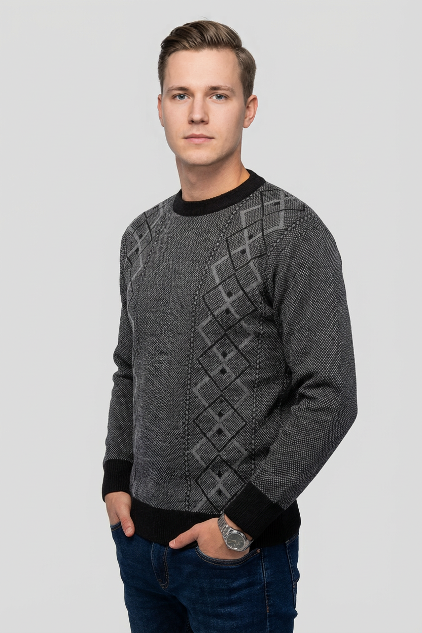 Felsenkind Herren Strickpullover – Warmer Winterpullover mit Rautenmuster, Rundhals, Grau/Schwarz