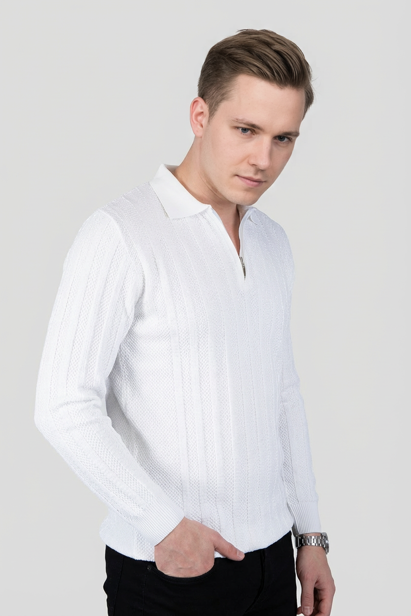 Felsenkind Herren Strick-Poloshirt mit Reißverschluss – Dünnes Feinstrick-Oberteil Sweatshirt