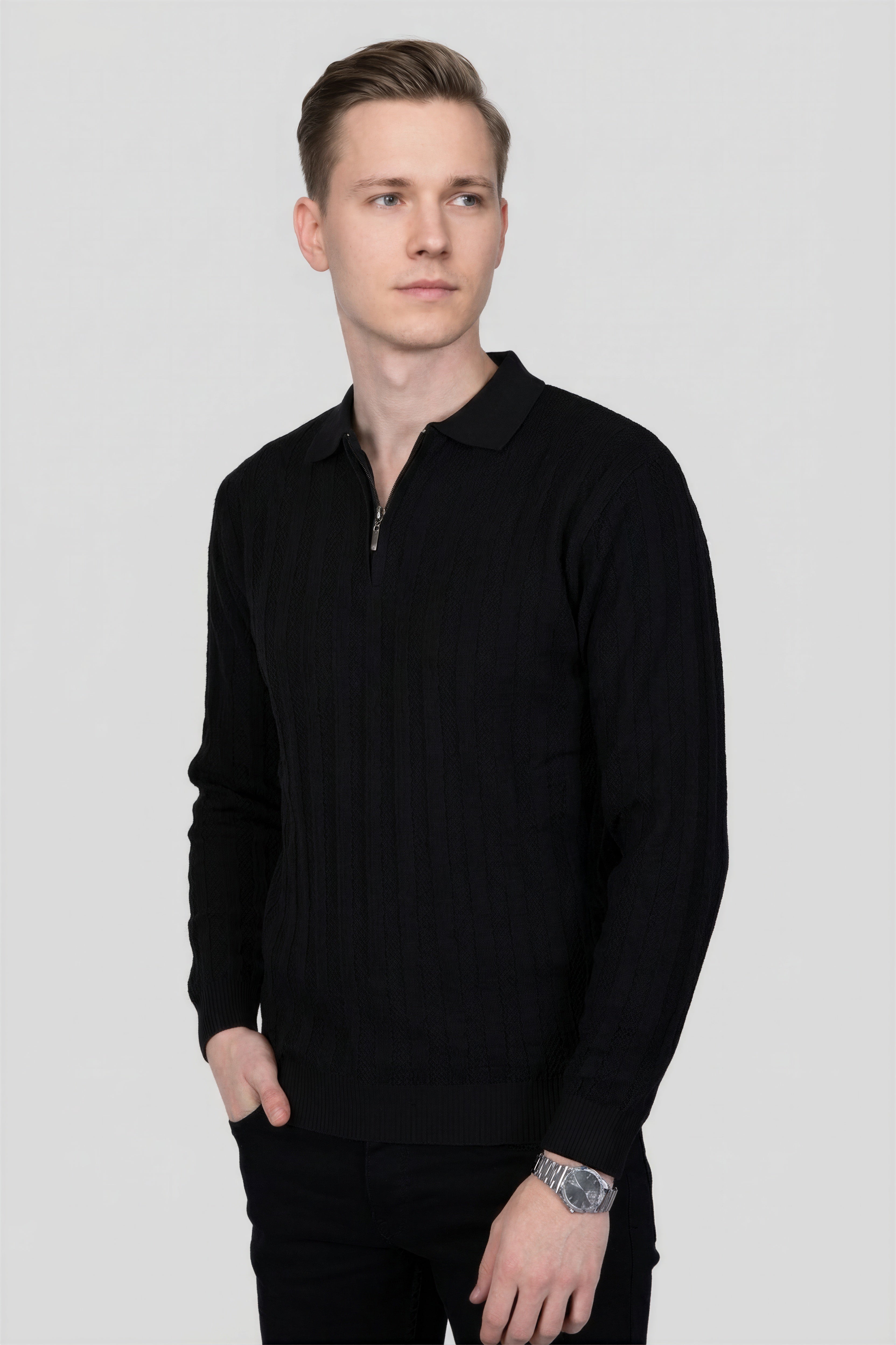 Felsenkind Herren Strick-Poloshirt mit Reißverschluss – Dünnes Feinstrick-Oberteil Sweatshirt