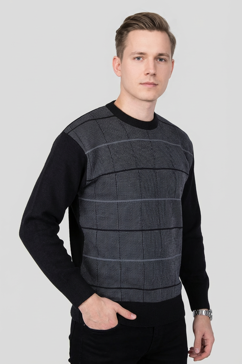 Felsenkind Nachhaltiger Herren Strickpulli – Recyceltes Polyester, Weiches Material, Grau-Schwarzer Karopullover, Ideal für Alltag, Büro & Freizeit