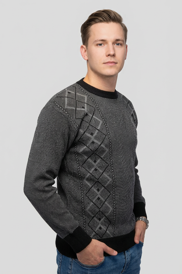 Felsenkind Herren Strickpullover – Warmer Winterpullover mit Rautenmuster, Rundhals, Grau/Schwarz