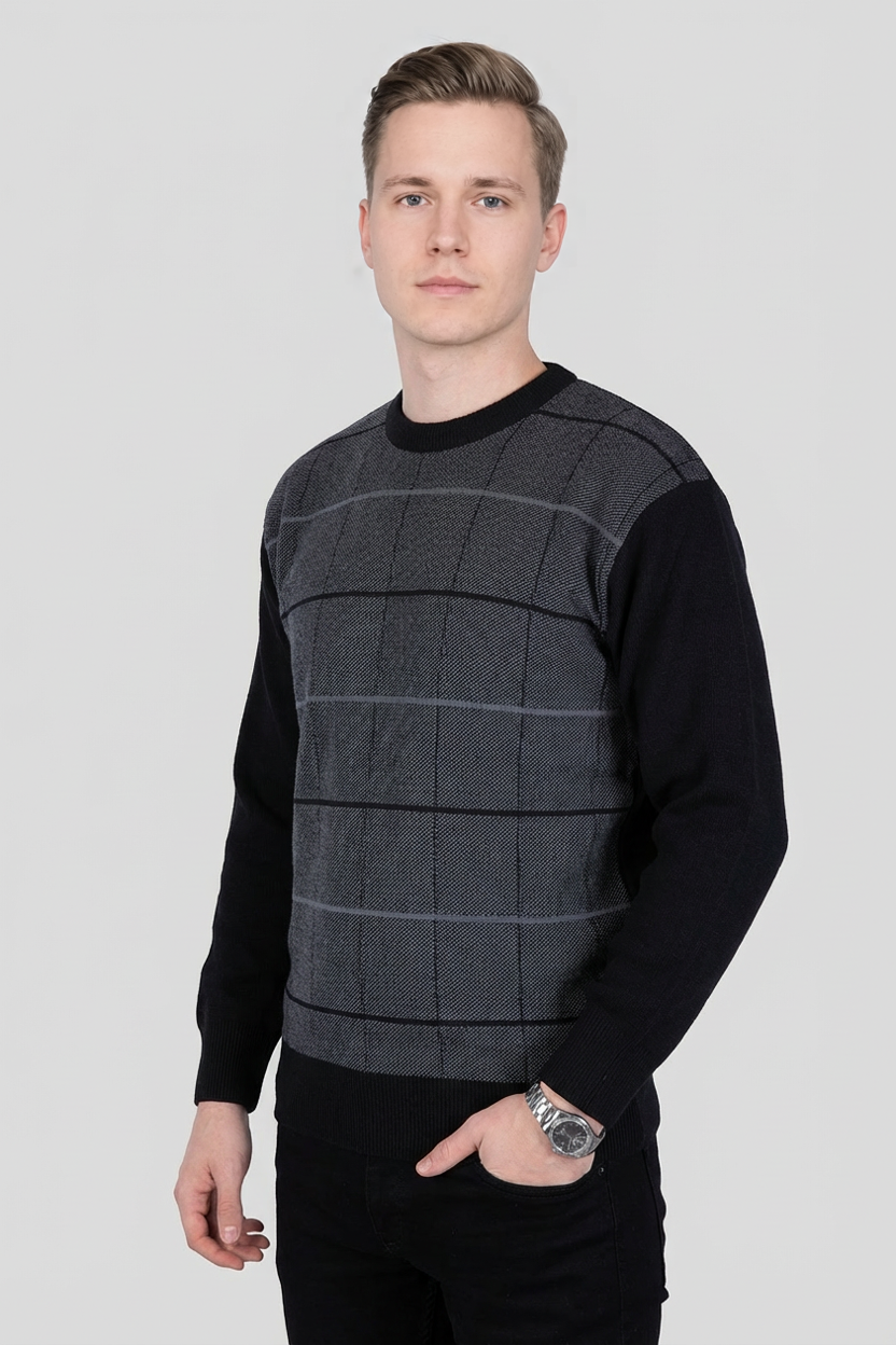Felsenkind Nachhaltiger Herren Strickpulli – Recyceltes Polyester, Weiches Material, Grau-Schwarzer Karopullover, Ideal für Alltag, Büro & Freizeit
