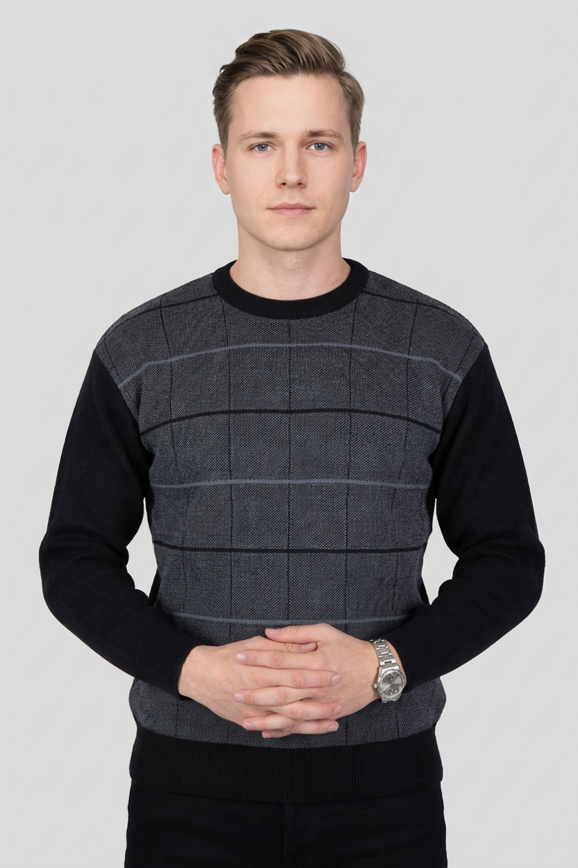 Felsenkind Nachhaltiger Herren Strickpulli – Recyceltes Polyester, Weiches Material, Grau-Schwarzer Karopullover, Ideal für Alltag, Büro & Freizeit