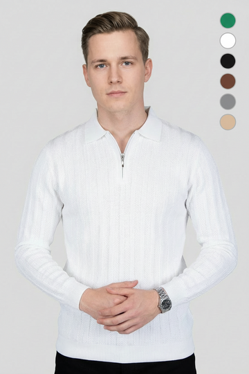 Felsenkind Herren Strick-Poloshirt mit Reißverschluss – Dünnes Feinstrick-Oberteil Sweatshirt