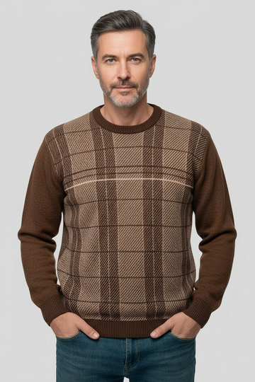 Felsenkind Herren Strickpullover – Warmer Winterpullover mit Karomuster, Rundhals, Braun/Beige